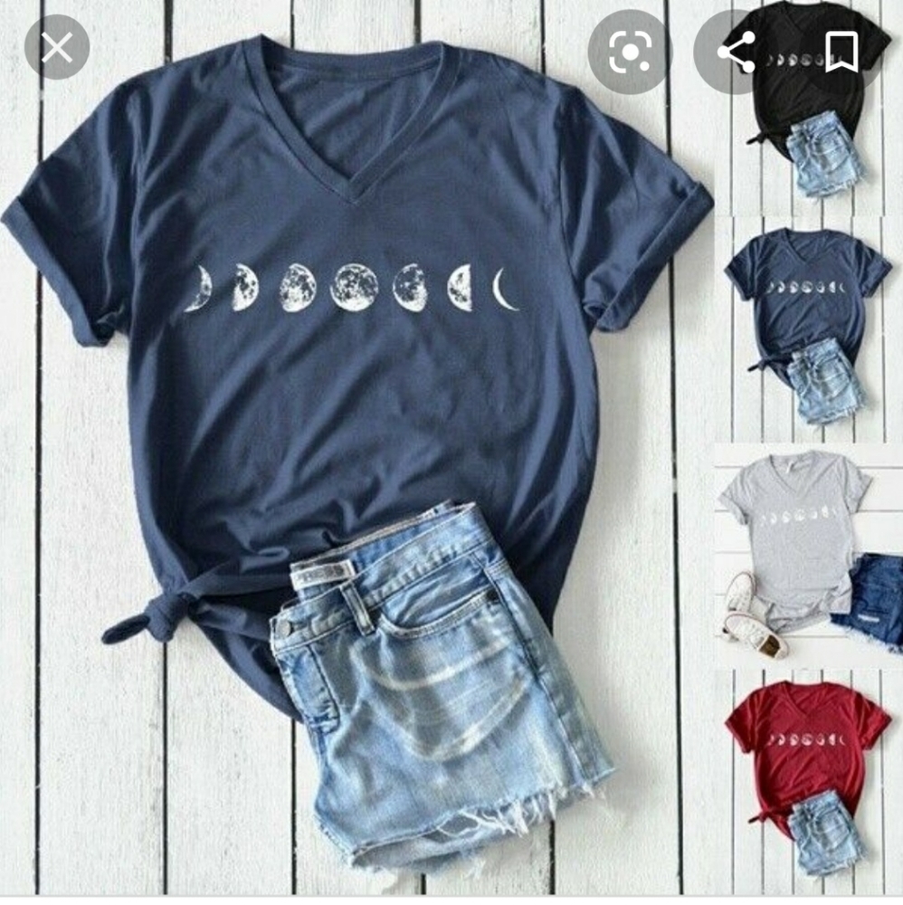 moon phase graphic tee shirt blue v neck xl
